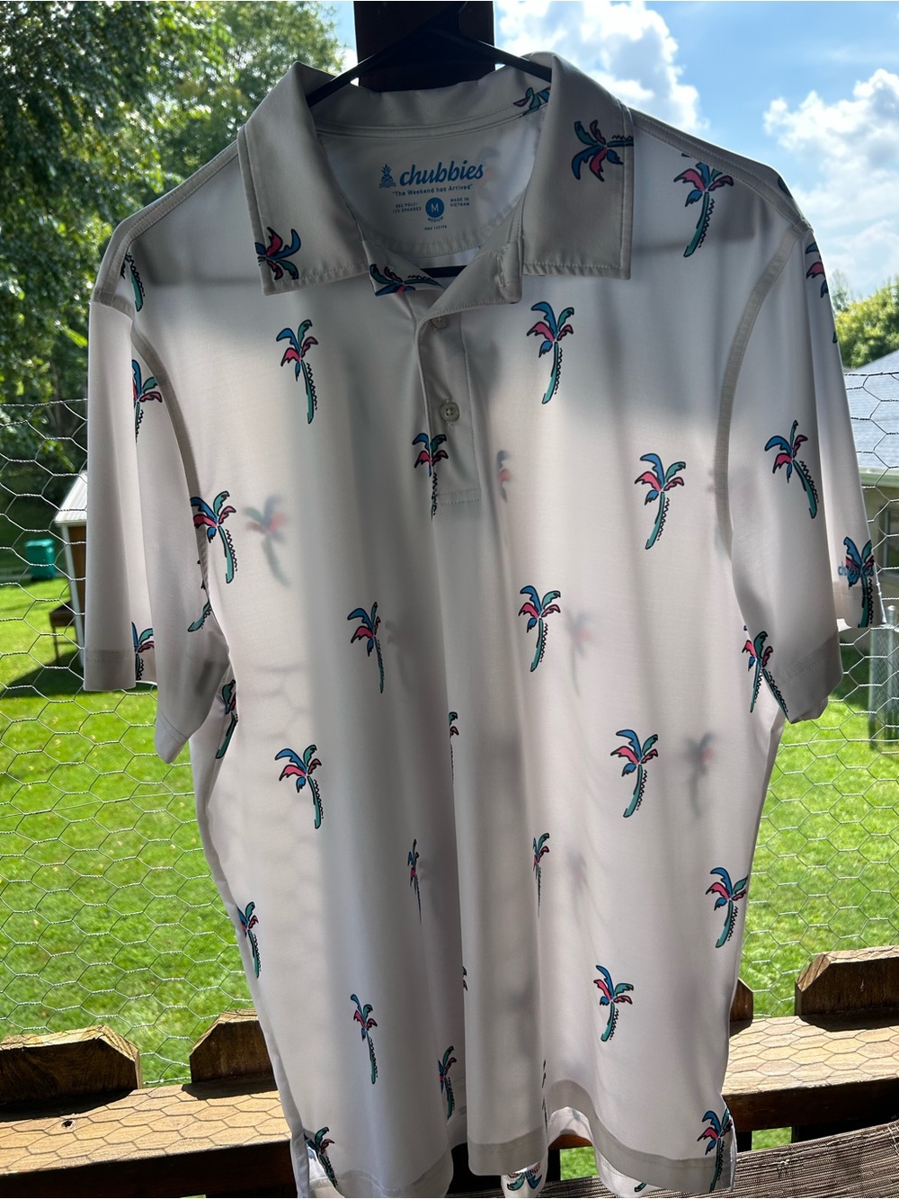 Men’s Chubbies “the weekend has arrived “ White Polo with Teal & Pink Palm Print
